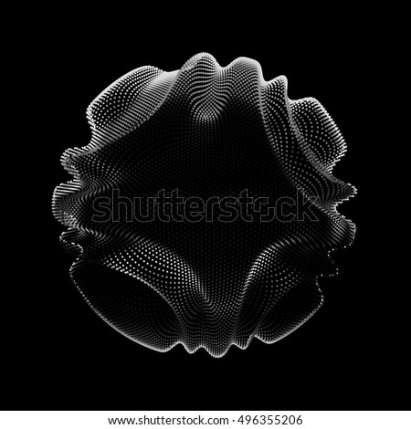Abstract vector monochrome mesh sphere on dark background. Futuristic style card. Elegant background for business presentations.  Corrupted point sphere.  Chaos aesthetics.