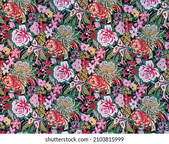 abstract vector monochrome red and pink flowers with green leaves full random illustration digital image for textile motifs