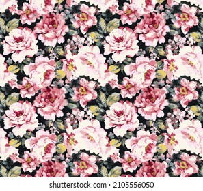 abstract vector monochrome roses flowers and green leaves all-over digital image for a textile motif, good for wrapping gift paper 