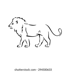 Abstract vector monochrome silhouette walking lion. silhouette walking lion with black stroke over white background