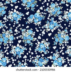 abstract vector monochrome small roses flowers with blue and white color all-over digital image for textile motif printing factory