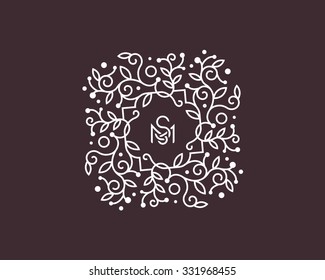 Abstract vector monogram in the modern linear style. Flower frame logo, embroidery sewing and knitting, bridal salon.