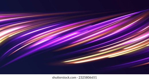 Abstract vector motion twist. Realistic neon pink, line speed with reflections. Curve light effect of blue line, purple laser beam. Neon laser color wave swirl. Electric wavy trail. Light effect png. 
