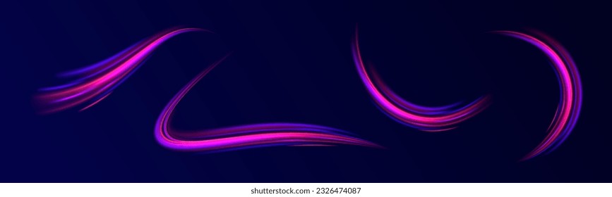 Abstract vector motion twist. Realistic neon pink, line speed with reflections. Curve light effect of blue line, purple laser beam. Neon laser color wave swirl. Electric wavy trail. Light effect png. 