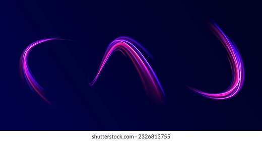 Abstract vector motion twist. Realistic neon pink, line speed with reflections. Curve light effect of blue line, purple laser beam. Neon laser color wave swirl. Electric wavy trail. Light effect png. 