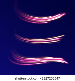 Abstract vector motion twist. Realistic neon pink, line speed with reflections. Curve light effect of blue line, purple laser beam. Neon laser color wave swirl. Electric wavy trail. Light effect png. 