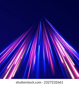 Abstract vector motion twist. Realistic neon pink, line speed with reflections. Curve light effect of blue line, purple laser beam. Neon laser color wave swirl. Electric wavy trail. Light effect png. 