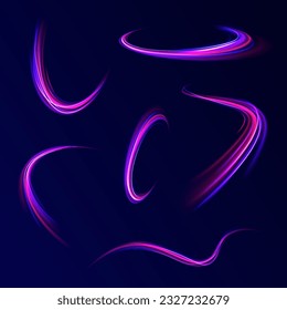 Abstract vector motion twist. Realistic neon pink, line speed with reflections. Curve light effect of blue line, purple laser beam. Neon laser color wave swirl. Electric wavy trail. Light effect png. 