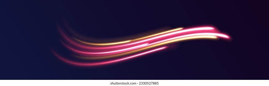 Abstract vector motion twist. Realistic neon pink, line speed with reflections. Curve light effect of blue line, purple laser beam. Neon laser color wave swirl. Electric wavy trail. Light effect png. 