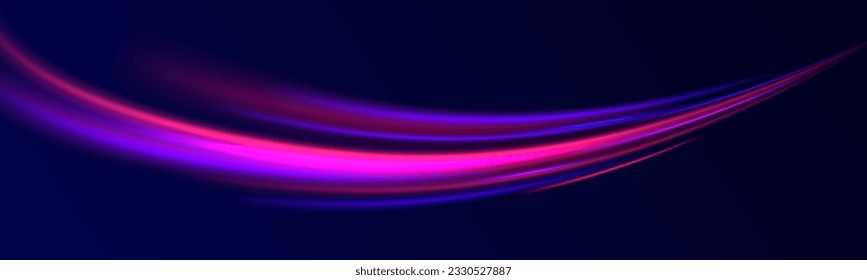 Abstrakte Vektorbewegungsdrehung. Realistisches Neonrosa, Liniengeschwindigkeit mit Spiegelungen. Kurven Lichteffekt der blauen Linie, violetter Laserstrahl. Neonlaserfarbenwelle wirbelt. Elektrischer Wavy-Trail. Lichteffekt png. 