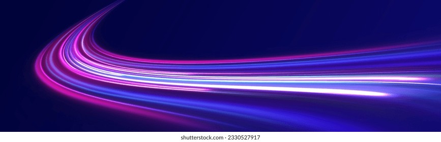 Abstract vector motion twist. Realistic neon pink, line speed with reflections. Curve light effect of blue line, purple laser beam. Neon laser color wave swirl. Electric wavy trail. Light effect png. 
