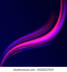Giro de movimiento vector abstracto. Rosa neón realista, velocidad de línea con reflexiones. Efecto de la luz de curva de la línea azul, haz láser púrpura. Giro de onda de color láser neón. Sendero ondulado eléctrico. Efecto ligero png. 