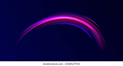 Abstract vector motion twist. Realistic neon pink, line speed with reflections. Curve light effect of blue line, purple laser beam. Neon laser color wave swirl. Electric wavy trail. Light effect png. 