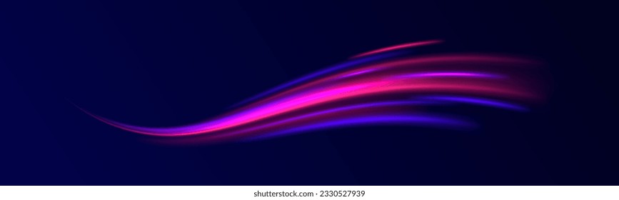 Abstract vector motion twist. Realistic neon pink, line speed with reflections. Curve light effect of blue line, purple laser beam. Neon laser color wave swirl. Electric wavy trail. Light effect png. 