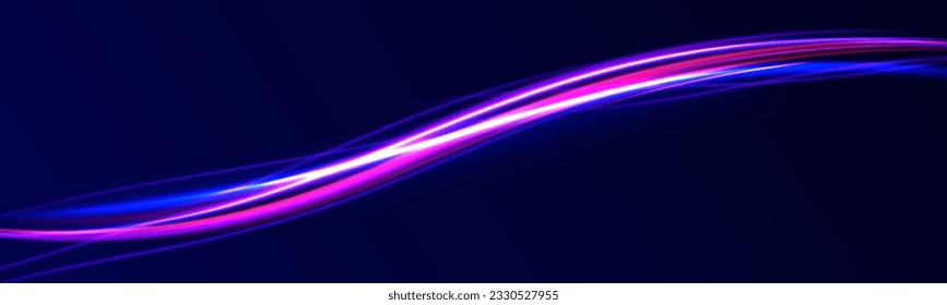 Giro de movimiento vector abstracto. Rosa neón realista, velocidad de línea con reflexiones. Efecto de la luz de curva de la línea azul, haz láser púrpura. Giro de onda de color láser neón. Sendero ondulado eléctrico. Efecto ligero png. 