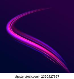 Abstract vector motion twist. Realistic neon pink, line speed with reflections. Curve light effect of blue line, purple laser beam. Neon laser color wave swirl. Electric wavy trail. Light effect png. 