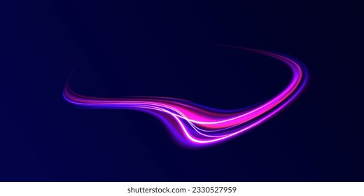 Abstract vector motion twist. Realistic neon pink, line speed with reflections. Curve light effect of blue line, purple laser beam. Neon laser color wave swirl. Electric wavy trail. Light effect png. 