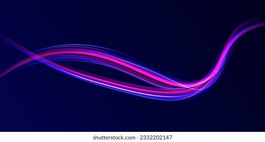 Abstract vector motion twist. Realistic neon pink, line speed with reflections. Curve light effect of blue line, purple laser beam. Neon laser color wave swirl. Electric wavy trail. Light effect png. 