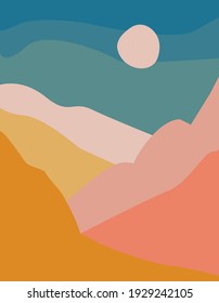 Resumen vectorial paisaje montañoso con sol en el cielo. Afiche de Boho. Plantilla mínima moderna en colores azul, amarillo y rosa. Diseño de portada, banner, postal. Ilustración vectorial.