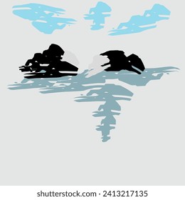 abstract vector of mountains, water and blue clouds, on a white background. Vector illustration