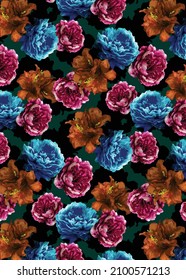 abstract vector multicolor big flowers with a black background all over design illustration digital image for textiles