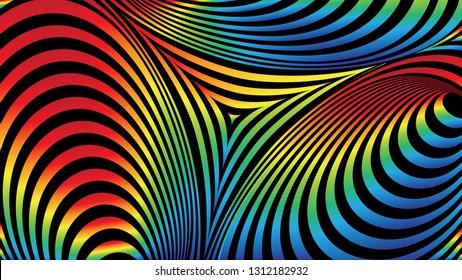 Abstract vector multicolored background. Colorful abstraction with round striped gradient lines. Spectrum backdrop with circles and triangles.