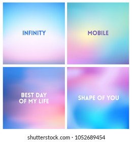 Abstract vector multicolored blurred background set. 4 colors set. Square blurred backgrounds set - sky clouds sea ocean beach colors With love quotes