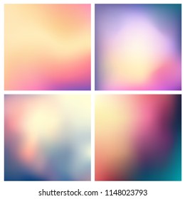 Abstract vector multicolored blurred background set. 4 colors set. Square blurred pink backgrounds set - sky clouds sea ocean beach colors With love quotes