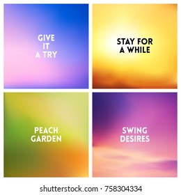 Abstract vector multicolored blurred background set. 4 colors set. Square blurred pink backgrounds set - sky clouds sea ocean beach colors With love quotes