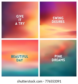 Abstract vector multicolored blurred background set. 4 colors set. Square blurred backgrounds set - sky clouds sea ocean beach colors With love quotes