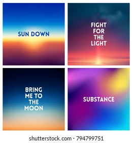 Abstract vector multicolored blurred background set. 4 colors set. Square blurred pink backgrounds set - sky clouds sea ocean beach colors With love quotes