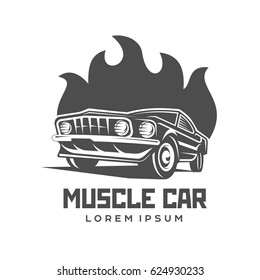 Abstract vector muscle car label and logo template. Retro car symbol. Silhouette vintage car with flame. Template for business card, poster, banner, design elements. Isolated on white background.