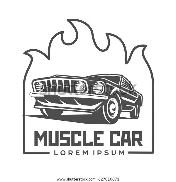 Abstract vector muscle car label and logo\
template. Retro car symbol. Silhouette vintage car with flame.\
Template for business card, poster, banner, design elements.\
Isolated on white\
background.