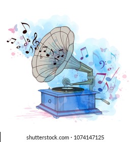 Abstract vector music background with vintage gramophone and blue watercolor texture.