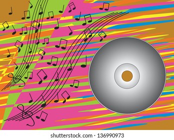 abstract vector music concept, cd disc and notes isolated on colorful background