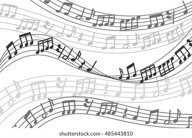 Abstract vector musical background with music notes and sound wave. Musical melody with treble clef illustration