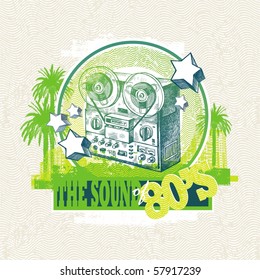 Abstract vector musical illustration with hand drawn retro tape recorder