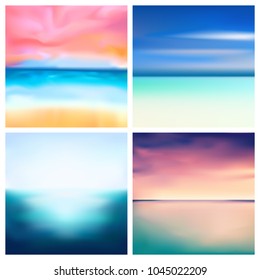 Abstract vector nature blurred background set. 4 colors set. Square blurred nature backgrounds set - sky clouds sea ocean beach colors With love quotes