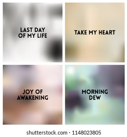 Abstract vector nature blurred background set. 4 colors set. Square blurred nature backgrounds set - sky clouds sea ocean beach colors With love quotes