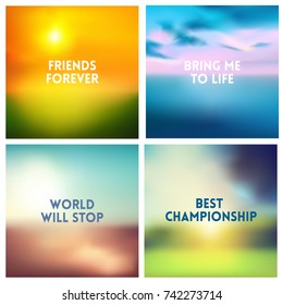 Abstract vector nature blurred background set. 4 colors set. Square blurred nature backgrounds set - sky clouds sea ocean beach colors With love quotes