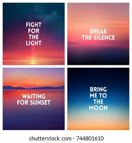 Abstract vector nature blurred background set. 4 colors set. Square blurred nature backgrounds set - sky clouds sea ocean beach colors With love quotes