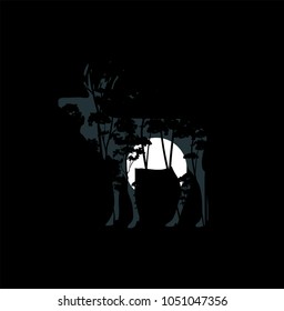 abstract vector nature  illustration. deer silhoutte with night forest inside