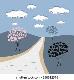 Abstract Vector Nature Scene with Trees, Road, Hills, Clouds