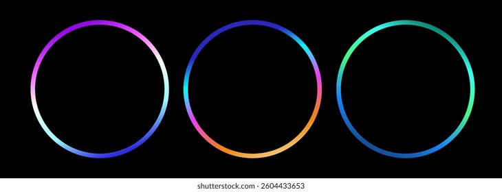 Abstract vector neon gradient shiny circle border lines. Collection of colorful neon light glow in round frames on black background with copy space.