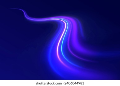 Abstract vector neon wave. Blue line, light waves png, magic glow, shine. Abstract shiny color blue wavy design. Glow luminous glitter shimmer trail. 