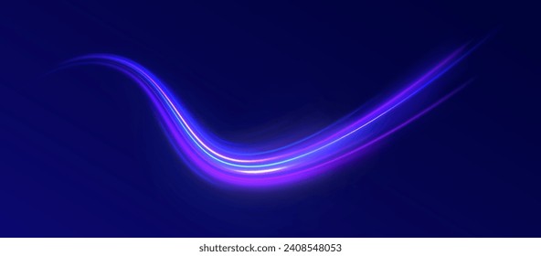 Abstract vector neon wave. Blue line, light waves png, magic glow, shine. Abstract shiny color blue wavy design. Glow luminous glitter shimmer trail. 