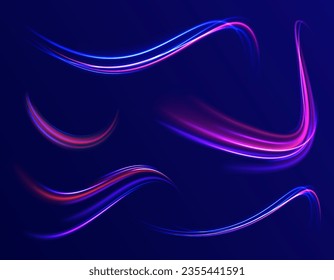 Abstract vector neon wave. Semicircular wave, trail curve swirl, twist. Blue neon liquid. Electric light effect. Blue line, light waves png, magic glow, shine. Abstract shiny color blue wavy design.