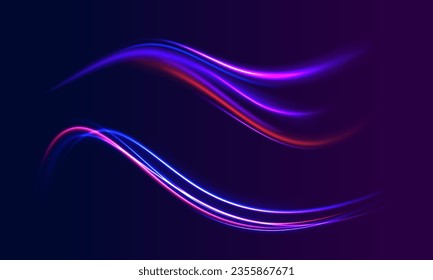 Resumen de onda de neón vector. Onda semicírculo, giro de la curva de senderos, giro. Líquido de neón azul. Efecto de la luz eléctrica. Línea azul, olas de luz, brillo mágico, brillo. Resumen de diseño ondulado azul brillante.