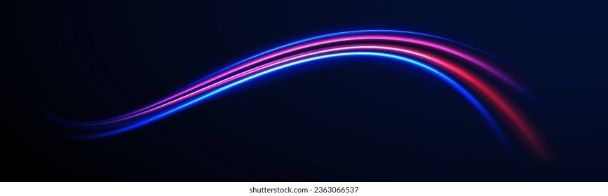 Abstract vector neon wave. Semicircular wave, trail curve swirl, twist. Blue neon liquid. Electric light effect. Blue line, light waves png, magic glow, shine. Abstract shiny color blue wavy design.