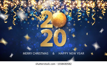 Abstrakte Vektorillustration - Neujahrshintergrund mit 2020 Zahlen, Ornamente und fliegenden Konfetti auf dunkelblauem, glänzendem Hintergrund